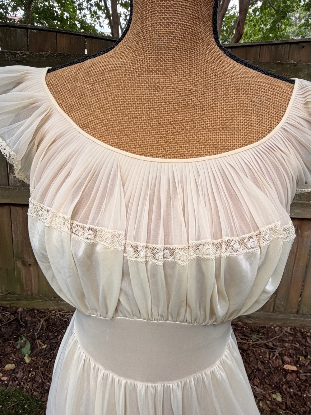 Ethereal Ivory Sheer Lace-Trim Maxi Dress 1970s